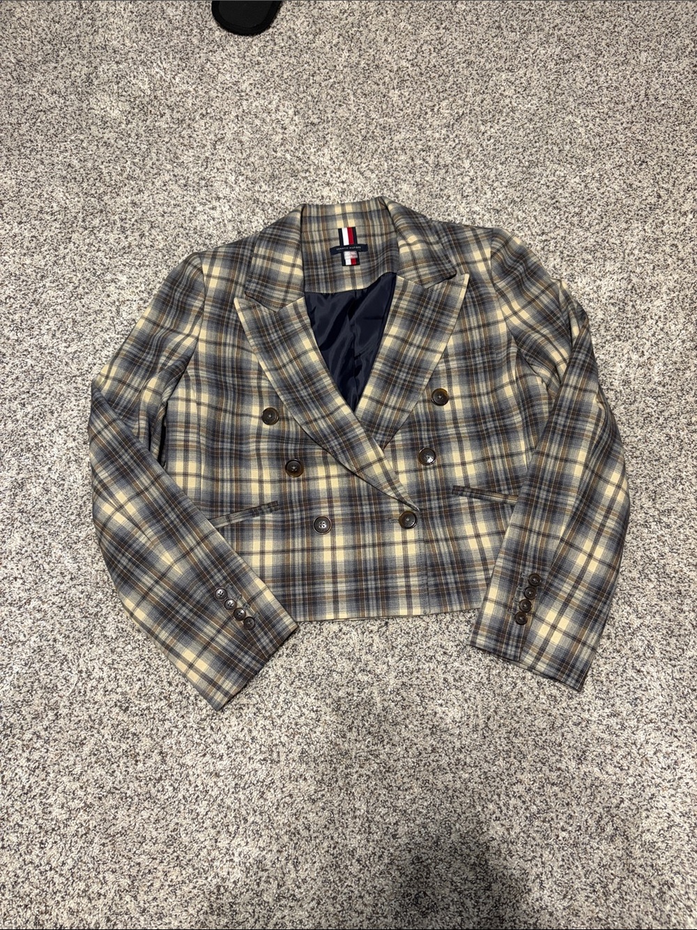 Tommy Hilfiger Cropped Plaid Double-Breasted Blazer - Gray & Cream